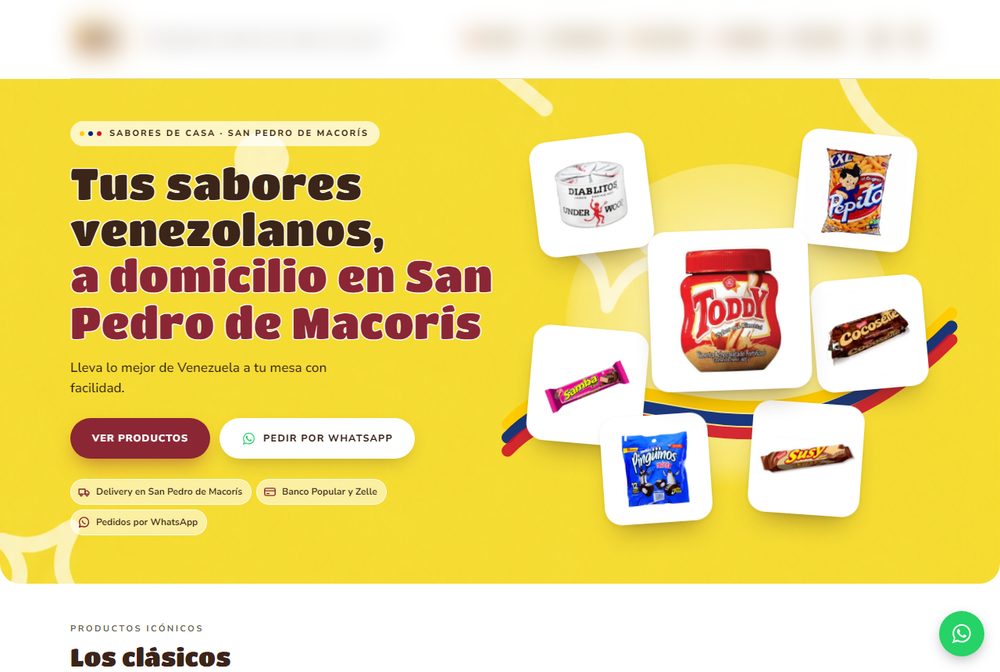 Portada de una tienda de productos venezolanos, con catálogo y pedido por WhatsApp.