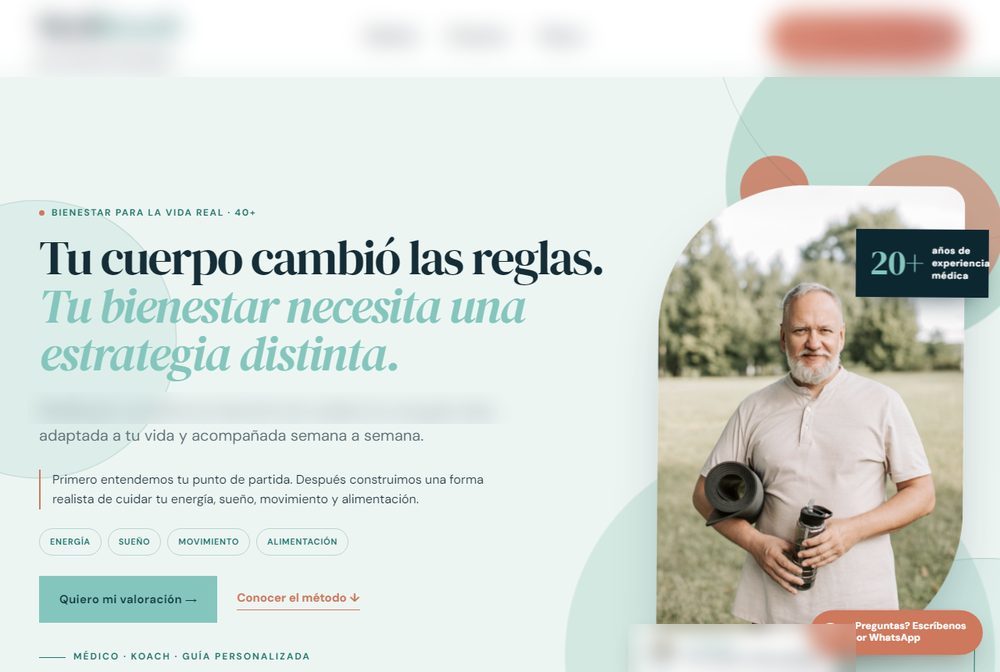 Portada de una web de coaching de bienestar para mayores de 40.