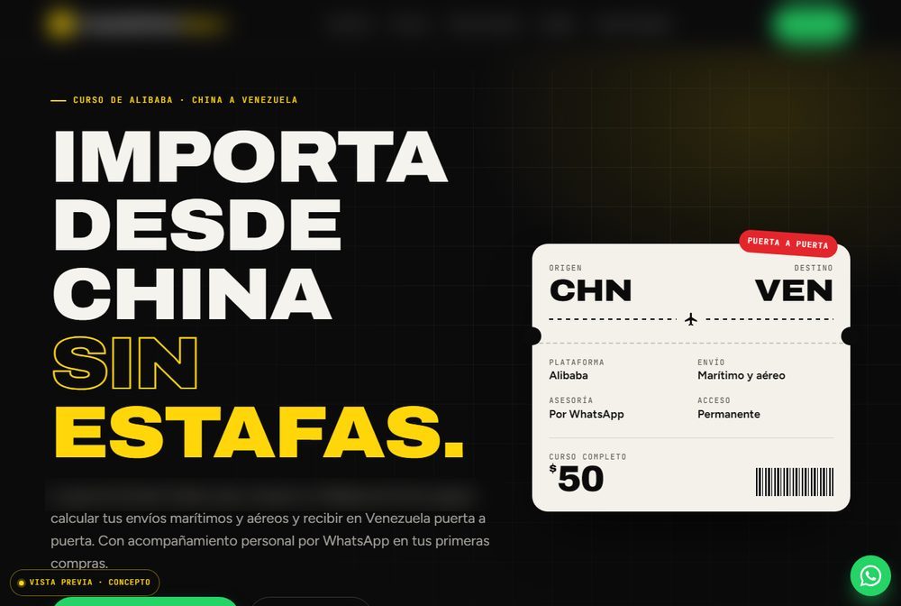 Portada de la página de venta de un curso de compras e importación.