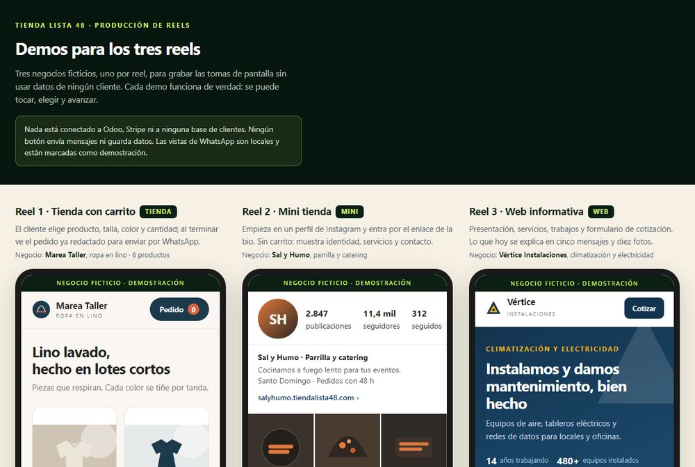 Tres teléfonos mostrando los tres formatos de web lado a lado.
