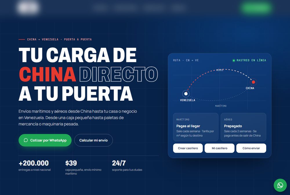 Portada de una web de envíos puerta a puerta entre China y Venezuela.