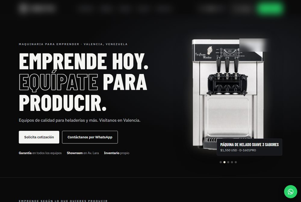Portada de una web de maquinaria para heladerías, con cotización y WhatsApp.